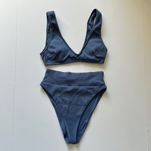 aerie Blue Ribbed Plunge Bikini Top and High-Waisted High-cut Cheeky Bottoms